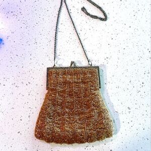 Vintage Beaded Evening Bag Gold Bronze Glass Beads Chain Strap